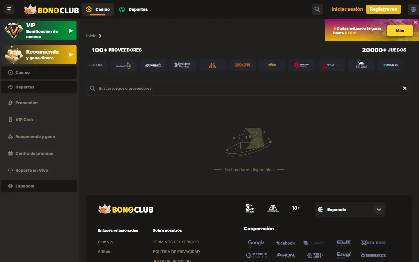 Buscador de juegos y proveedores de BonoClub