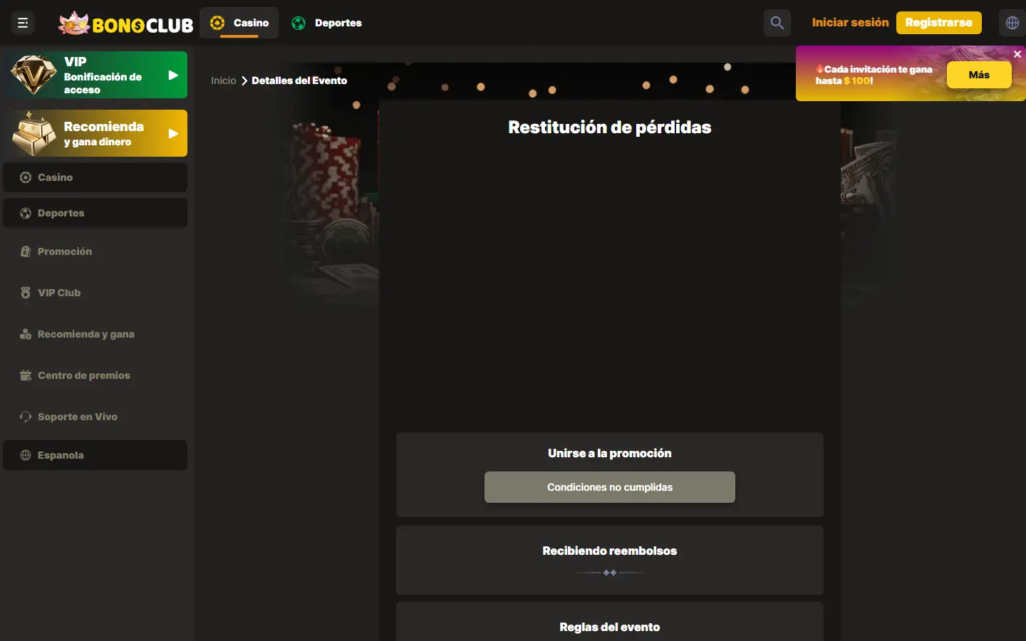 Página de condiciones promocionales de BonoClub