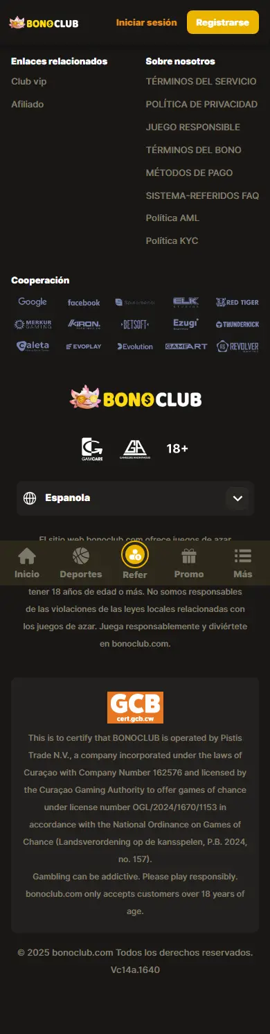 Enlaces de juego responsable y aviso para mayores de edad de BonoClub