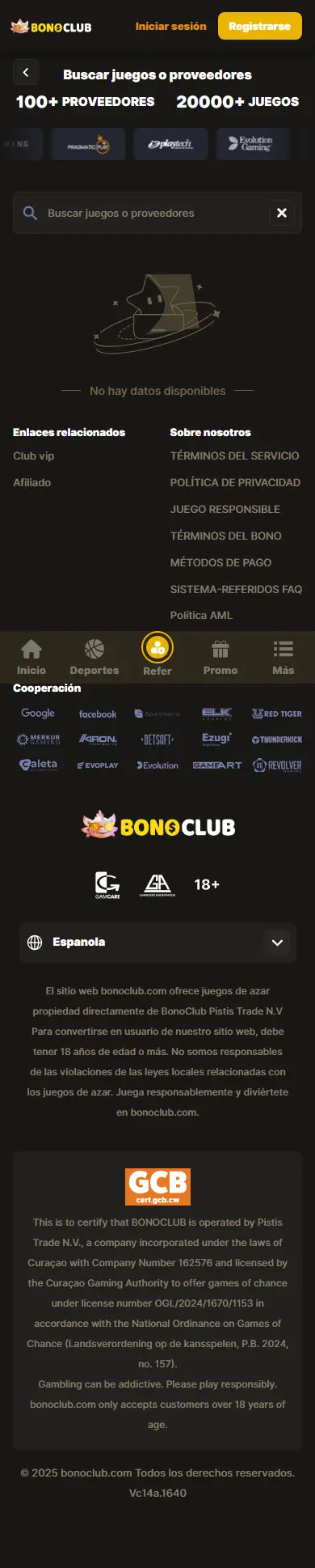 Catálogo y navegación de BonoClub en un celular